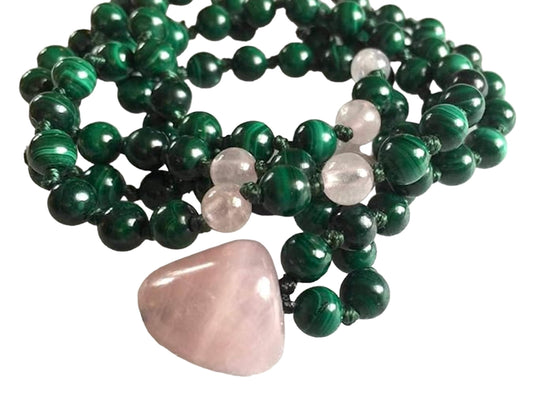 Malachite & Rose Quartz knotted Mala Necklace | GAIA Collection by AYK