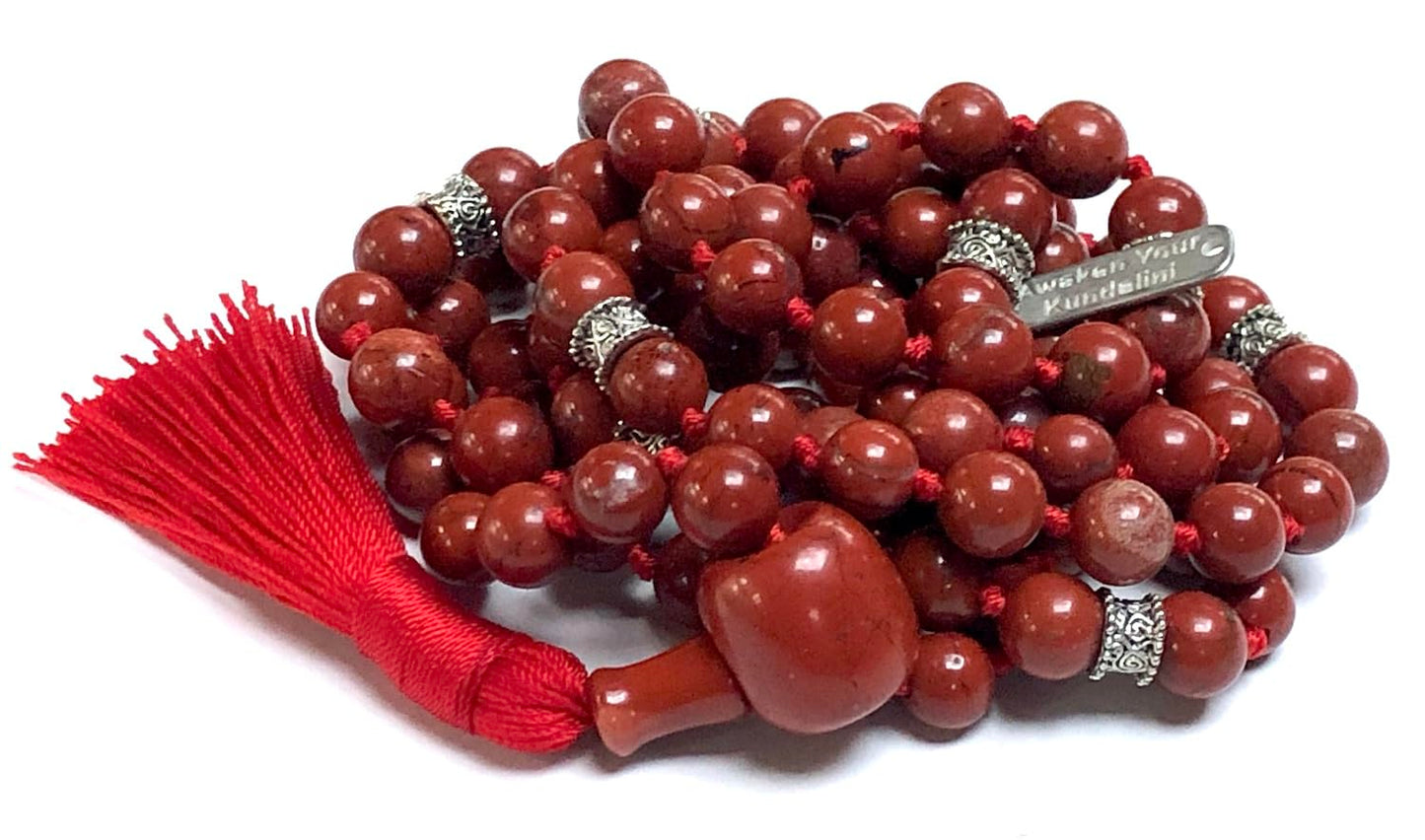 Certified Energized Mala Beads Necklace with COA - Chakra Mala - Japa Mala - 8mm 108 Buddhist Prayer Beads - Meditation Mala - Tassel Necklace – Zodiac/Sun Sign stones (Red Jasper)
