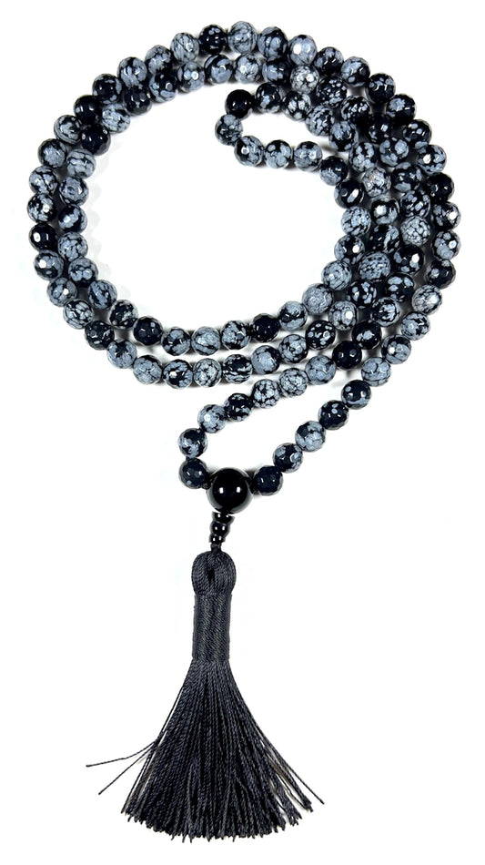 Snowflake Obsidian Mala Beads Necklace, Facetted 8mm 108 Mala Beads, Capricorn and Virgo Birthstone Crystal Gemstones