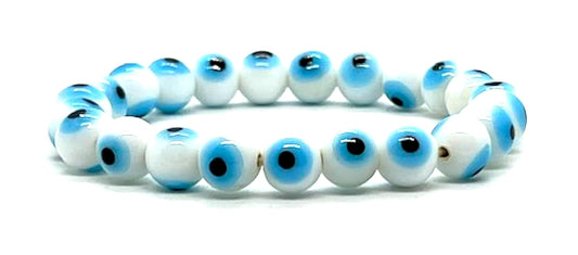 Purity & New Beginnings: Handmade White Evil Eye Charm Bracelet (8mm Beads) - Cancer & Virgo Birthstone