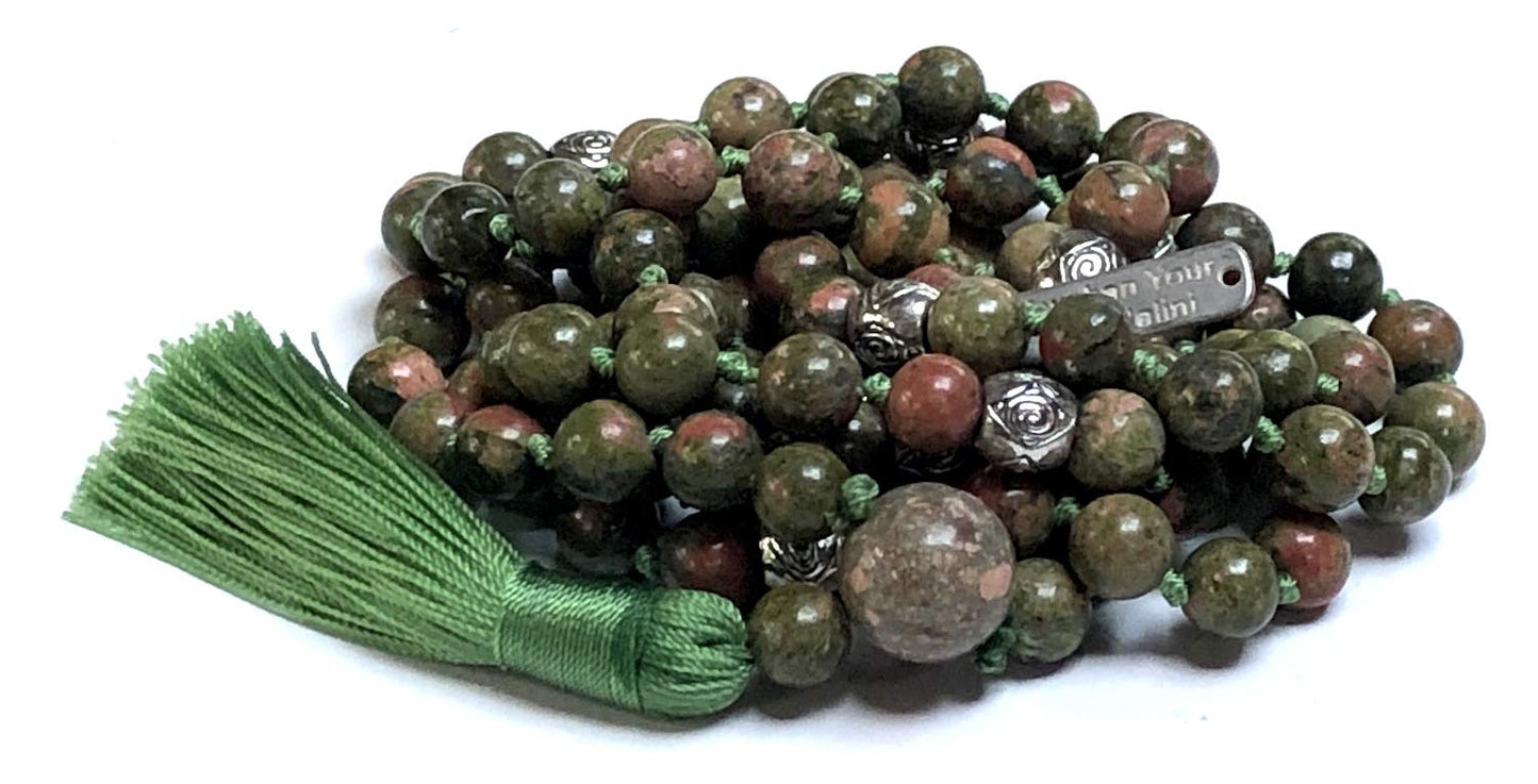 Hand Knotted Unakite Mala Necklace - 8mm, 108 Beads with Zinc Alloy Spacers - Scorpio & Virgo Birthstone - Heart Chakra
