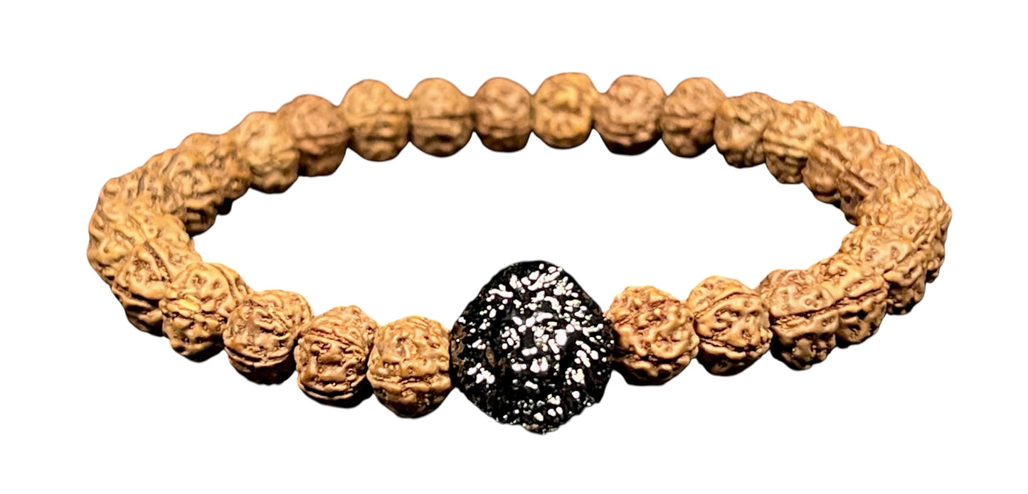 Unleash Inner Strength & Grounding: Handmade 5 Mukhi Rudraksha & Gunmetal Lion Head Bracelet (8mm) - Root Chakra & Universal Sun Sign