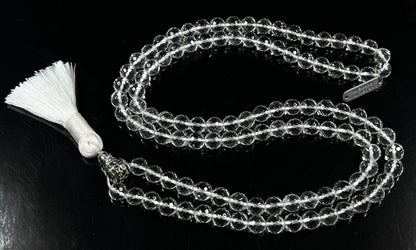 Awaken Your Kundalini Crystals Mala Beads Necklace Reiki Healing Stones Blessed & Energized Handmade 108 Buddhist Prayer Beads - Comes w/Velvet Pouch (Crystal Quartz Diamond cut, 8 mm)
