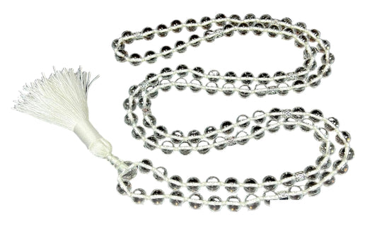 Illuminate Your Path: Hand-Knotted 8mm Clear Crystal Quartz Mala Beads Necklace - Leo Birthstone Sun Sign - Crown Chakra