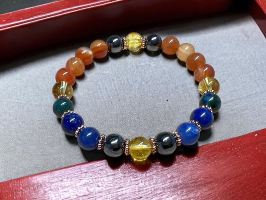 Celestial Harmony Bracelet with Lapis Lazuli, Citrine, Carnelian, Hematite, and Moss Agate Beads - Multi Chakra and Multi Birthstone Association