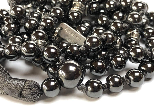 FEROX Hematite Mala Necklace | 108 Hand-Knotted 8mm Beads for Grounding, Focus & Protection | Root Chakra Healing | Aries Birthstone | Handmade in USA