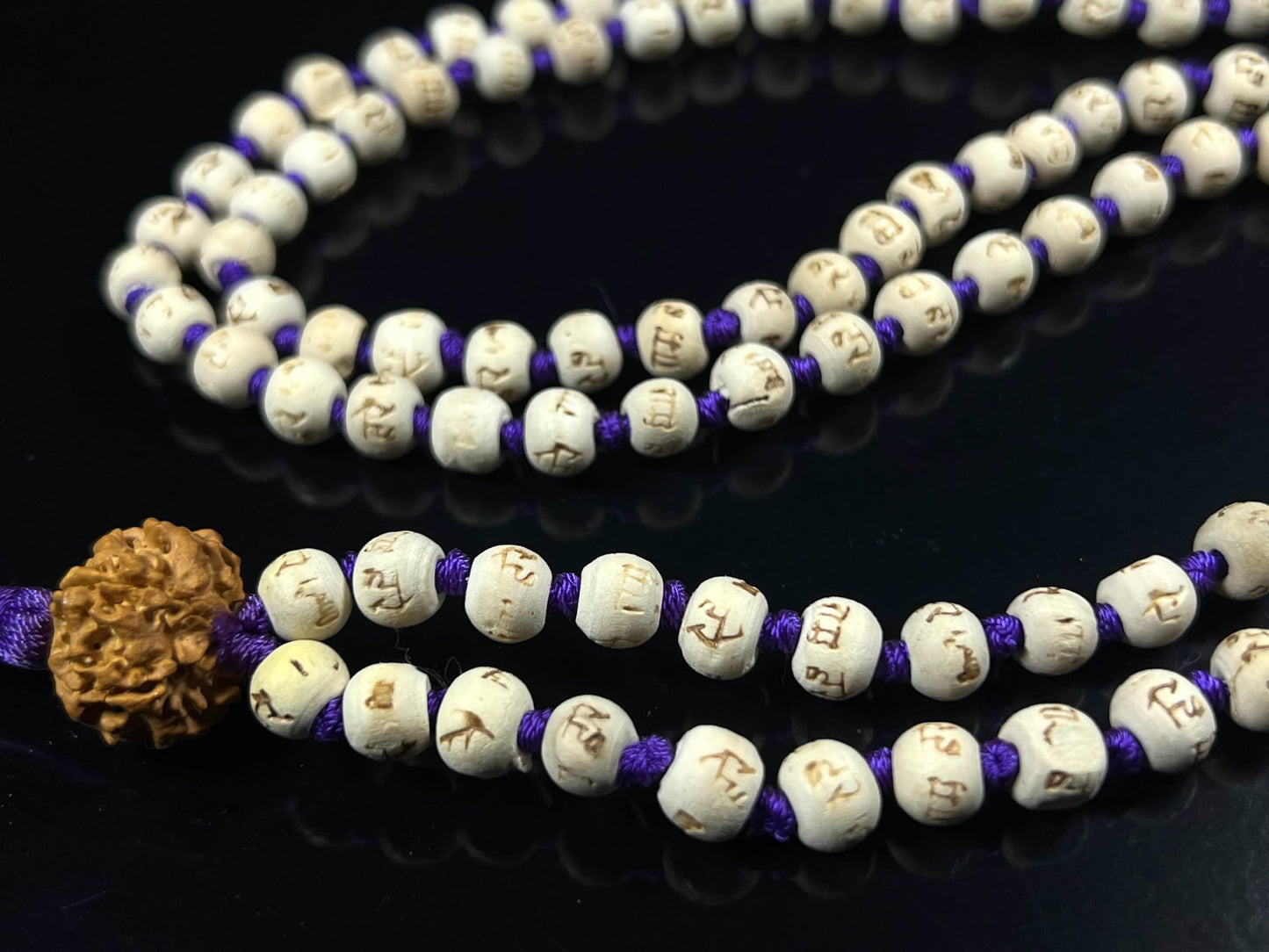 Tulsi Mala Beads Necklace w/ 5 Mukhi Rudraksha – 8mm Beads with "Ram" Inscription – Root Chakra & Aries Birthstone – Meditation Jewelry