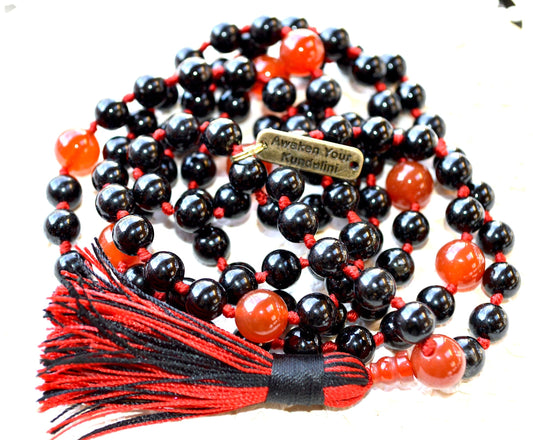 Black & Red Onyx Mala Necklace | Hand-Knotted 108 Beads | Root Chakra | VEERA Collection