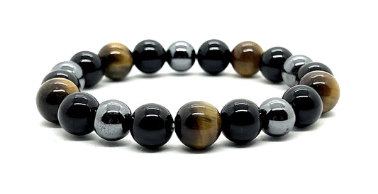 Triple Protection Bracelet - Tiger's Eye Black Tourmaline and Pyrite 10mm Beaded Stretch Bracelet - 7.5 Inches Wrist Size