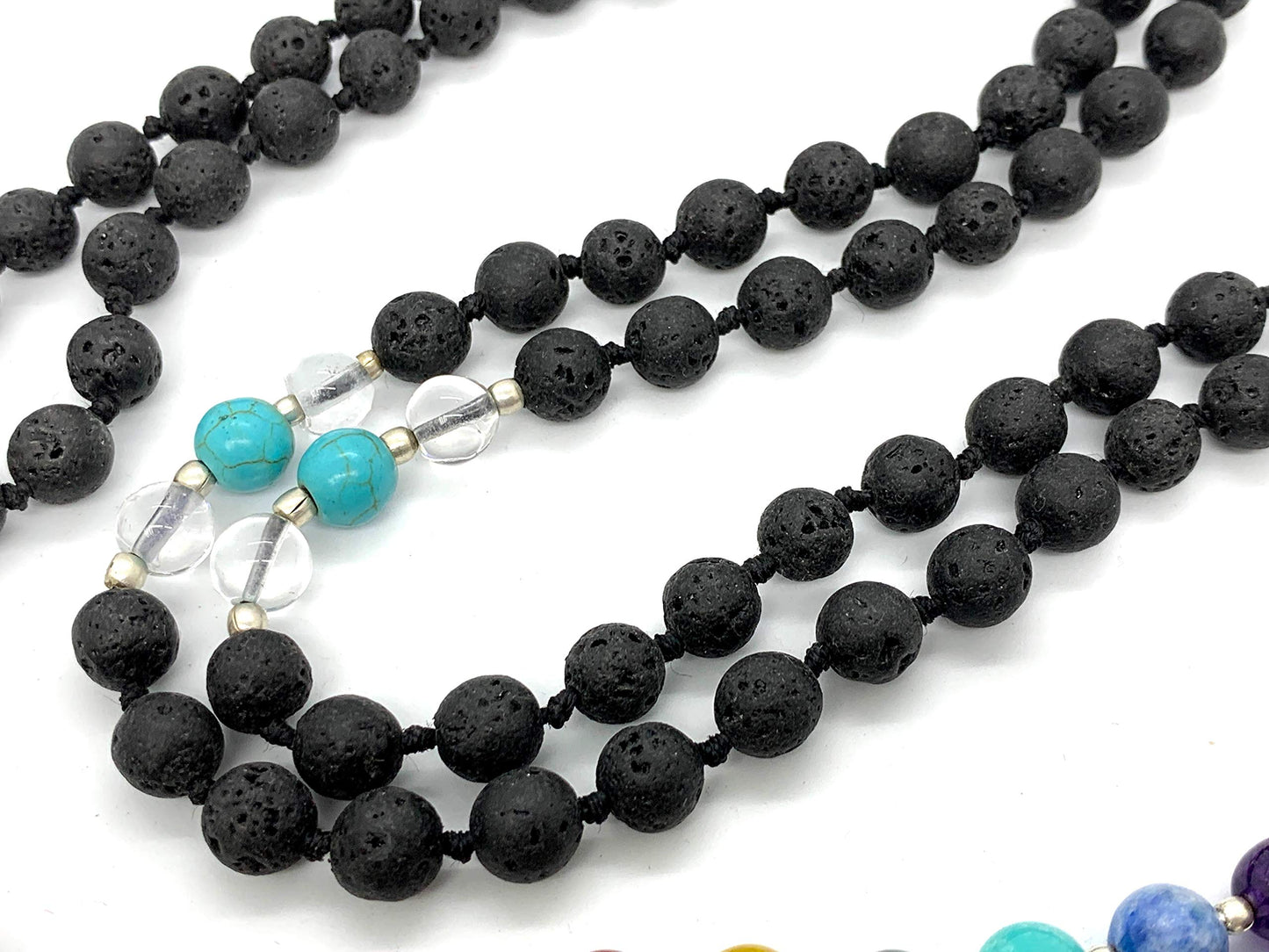 VULCAN 7 Chakra Lava Mala Necklace | Hand Knotted with Buddha Guru Bead | 8mm