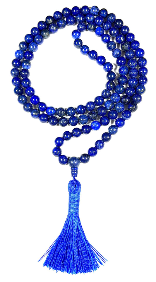 Crystal Mala Beads Necklace Reiki Healing Gem Stones Blessed & Energized Handmade 108 Buddhist Prayer Beads Buddha Beaded Necklaces Yoga Meditation Jewelry - w/ Velvet Pouch ( Lapis Lazuli, 8 mm )