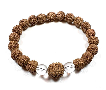 AWAKEN YOUR KUNDALINI Divine Harmony - Stretch Bracelet with Rudraksha & Crystal Quartz - 5 Mukhi, 7 Mukhi Rudraksha, April Birthstone, Taurus Gemstone, Root Chakra