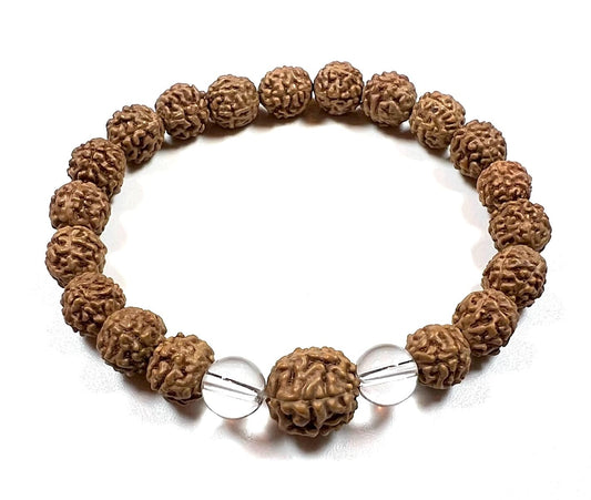AWAKEN YOUR KUNDALINI Divine Harmony - Stretch Bracelet with Rudraksha & Crystal Quartz - 5 Mukhi, 7 Mukhi Rudraksha, April Birthstone, Taurus Gemstone, Root Chakra