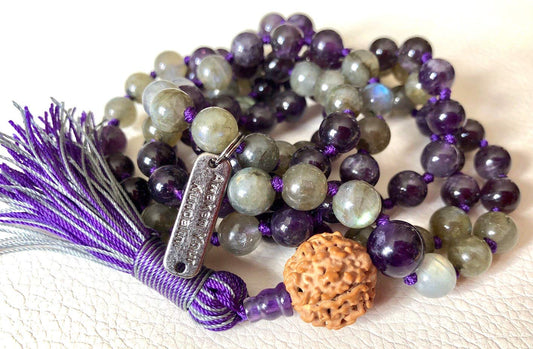 Amethyst & Labradorite Mala Necklace with Rudraksha | SOMA Collection