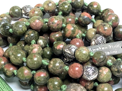 Hand Knotted Unakite Mala Necklace - 8mm, 108 Beads with Zinc Alloy Spacers - Scorpio & Virgo Birthstone - Heart Chakra