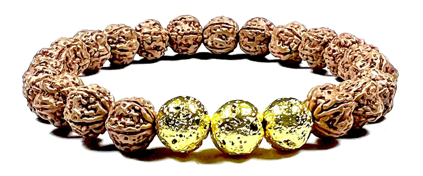 VULCAN Rudraksha & Lava Bracelet | Gold-Plated Stretch | 8mm Beads