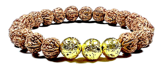 VULCAN Rudraksha & Lava Bracelet | Gold-Plated Stretch | 8mm Beads
