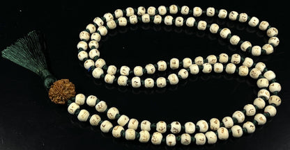 Tulsi Mala Beads Necklace w/ 5 Mukhi Rudraksha – 8mm Beads with "Ram" Inscription – Root Chakra & Aries Birthstone – Meditation Jewelry