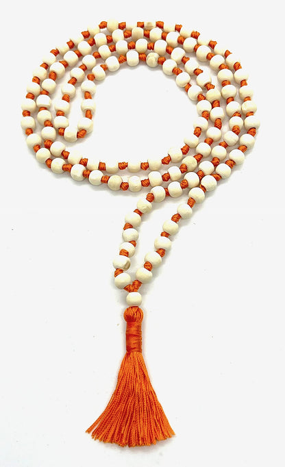 Tulsi Mala Beaded Necklace - Hand Knotted Tulasi Beads - 7 Chakra Mala (Orange String)