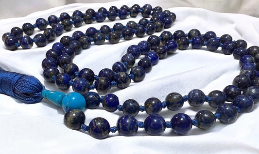 Hand Knotted 10mm Lapis Lazuli Mala Beads Necklace | Third Eye & Throat Chakra Healing | Intuition & Communication Boost - Natural Undyed