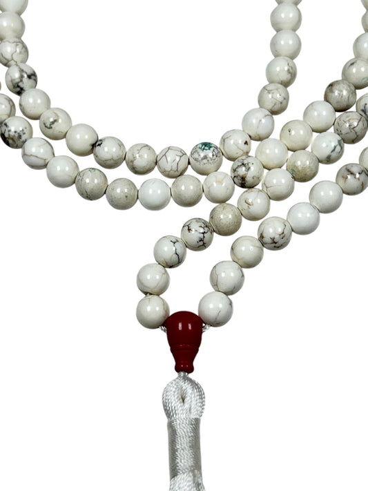 Natural White Howlite Mala Beads Necklace – 6mm & 8mm, 108 Beads – Gemini Birthstone, Crown Chakra Mala