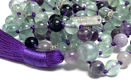 Hand-Knotted 8mm Rainbow Fluorite Mala Beads Necklace, Pisces Birthstone For February-March Heart and Third Eye Chakra