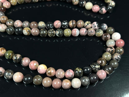 Rhodonite Mala Beads Necklace – 8mm, 108 Beads – Heart Chakra, Taurus & Libra Birthstone