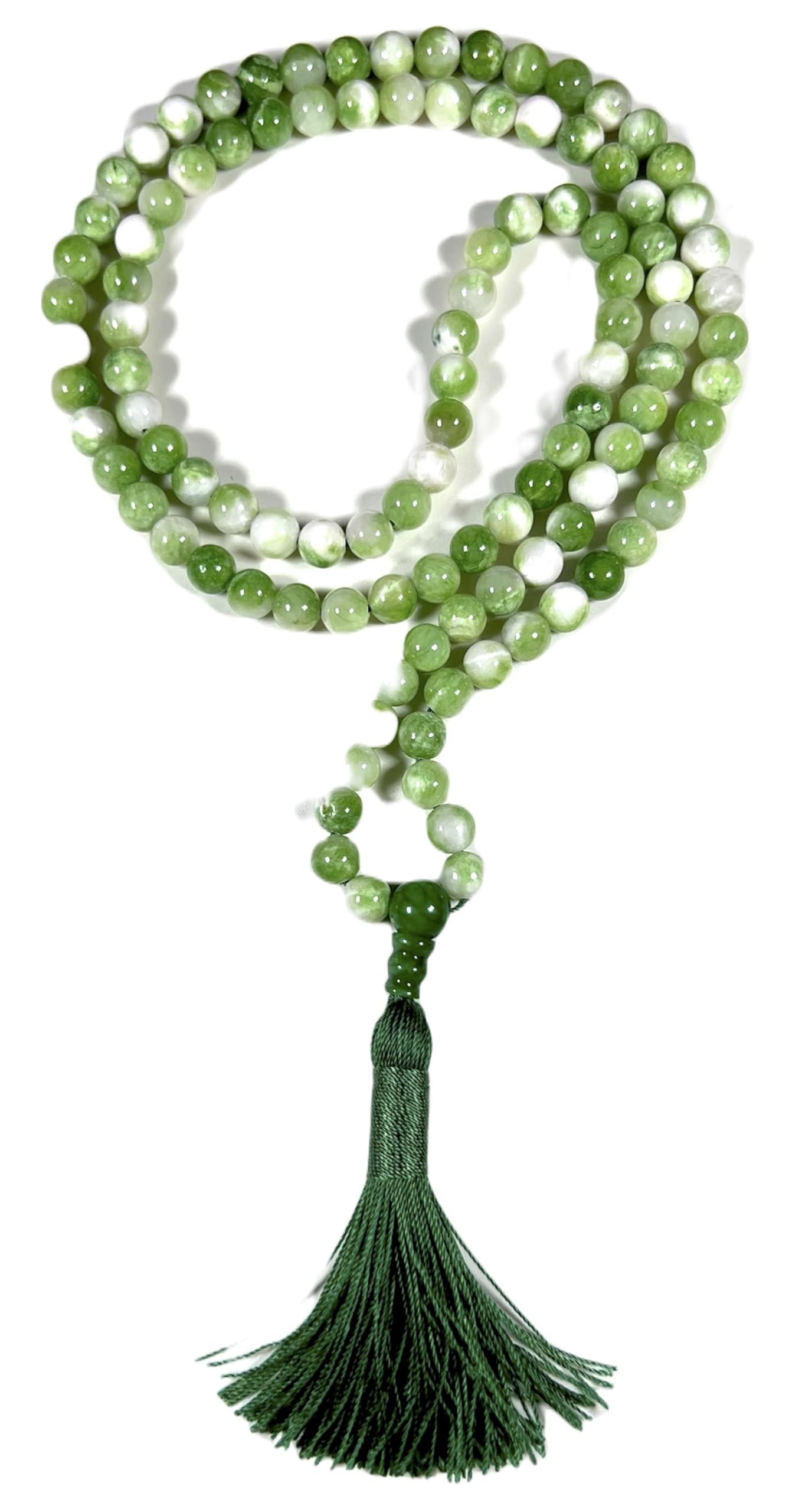 Awaken Your Kundalini Crystal Mala Beads Necklace Reiki healing stones Energized Handmade 108 Buddhist Prayer Beads - w/Velvet Pouch (Green Jade Mix Dyed, 8 mm)