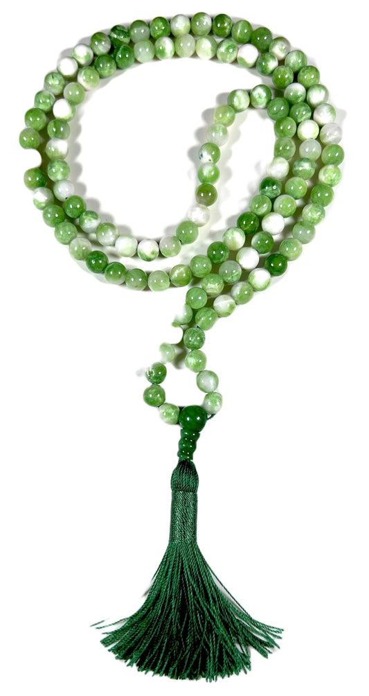 Awaken Your Kundalini Crystal Mala Beads Necklace Reiki healing stones Energized Handmade 108 Buddhist Prayer Beads - w/Velvet Pouch (Green Jade Mix Dyed, 8 mm)