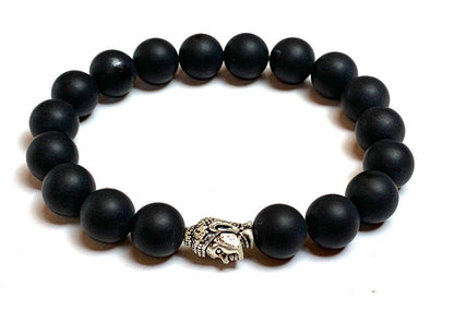 AWAKEN YOUR KUNDALINI Black Onyx & Buddha Head Stretch Bracelet, 10mm Beads, Leo Birthstone, Root Chakra Jewelry