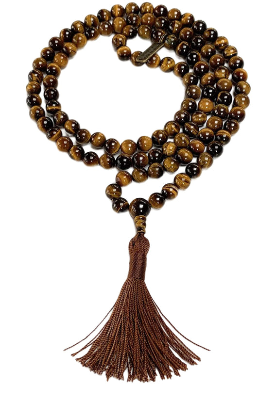 Tiger Eye Tiger's Eye Mala Beads Necklace 3rd Chakra Throat Chakra Healing Crystals 108 Prayer Beads - Grounding Integrity Will Power Intution Insomnia Libido Powerful (BROWN, Bead size 8 mm)