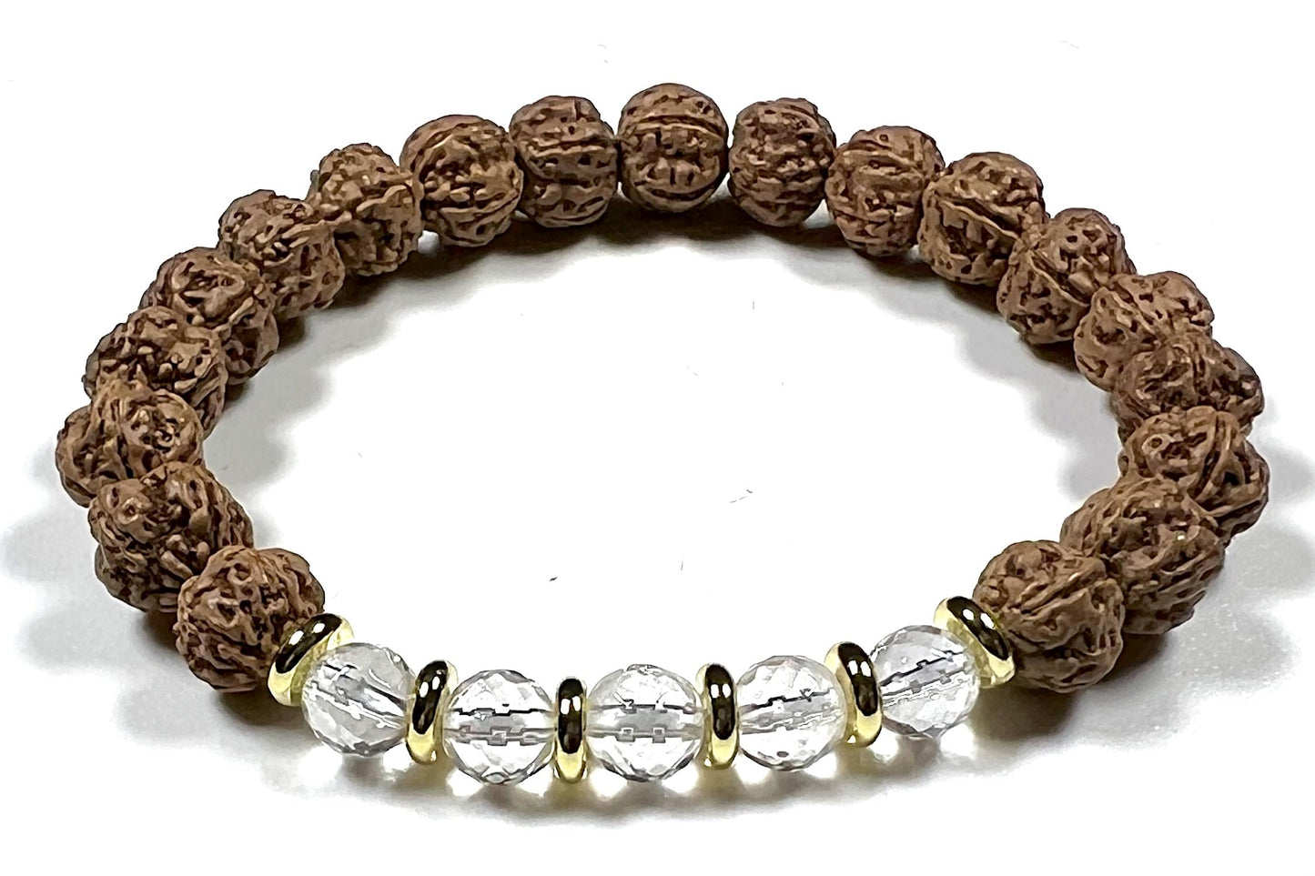 5 Mukhi Chikna Rudraksha Bracelet with Crystal Quartz | Stretch Beads for Balance & Clarity