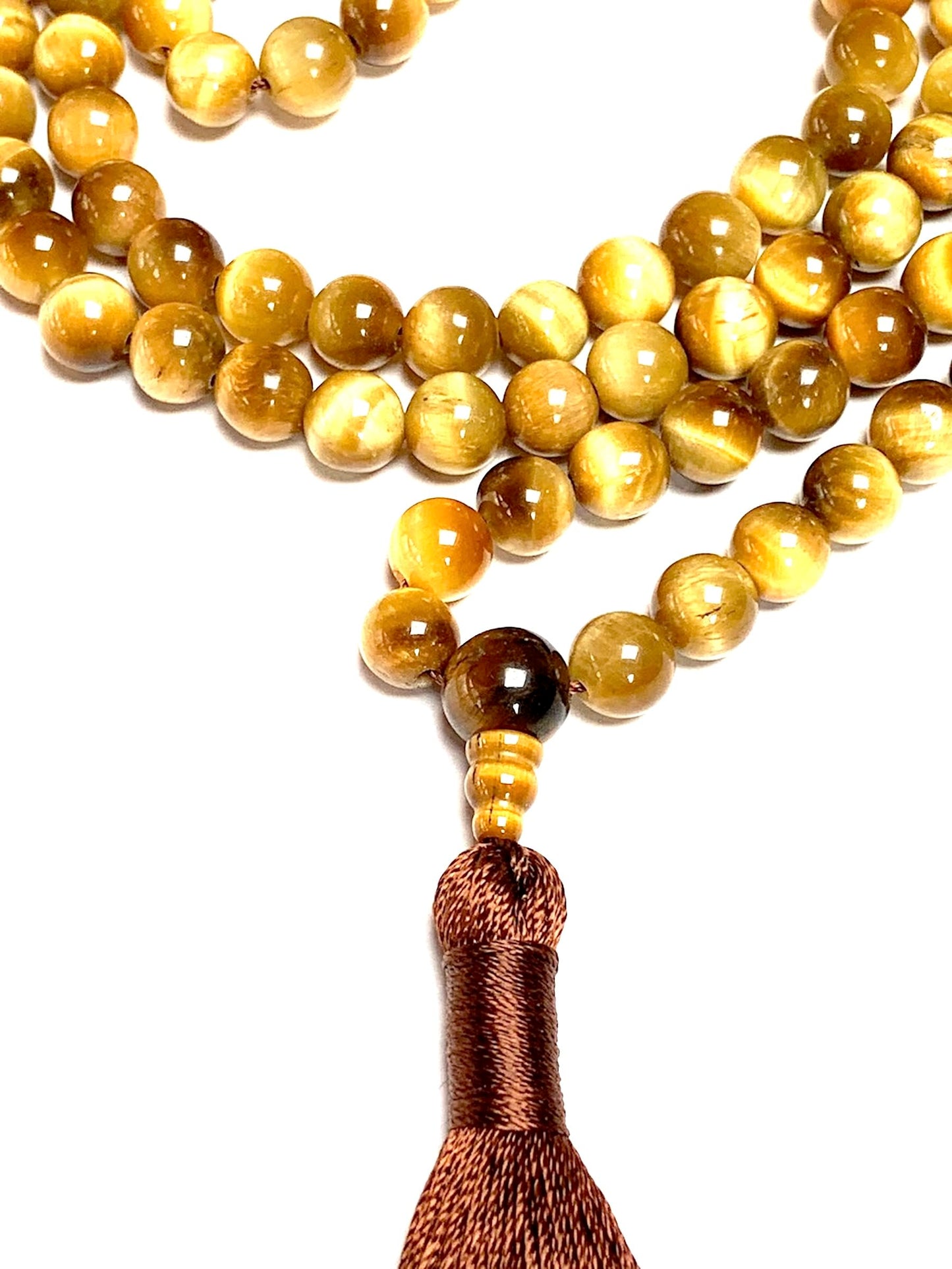 Handmade Tiger's Eye Mala Beads Necklace – 8mm 108 Beads – Multicolor Options – Solar Plexus Chakra & Zodiac Birthstones – Meditation Jewelry