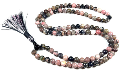 Rhodonite Mala Beads Necklace with Black Onyx Guru Bead – 108 Beads – 6mm & 8mm – Heart Chakra & Gemini Birthstone – Meditation Jewelry