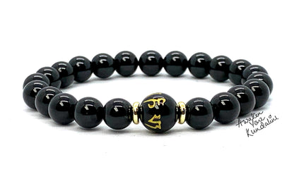 Black Obsidian Buddhist Prayer Beads Stretch Bracelet - Om Mani Padme Hum Mantra - Scorpio Zodiac Birthstone for October November - Root Chakra Association