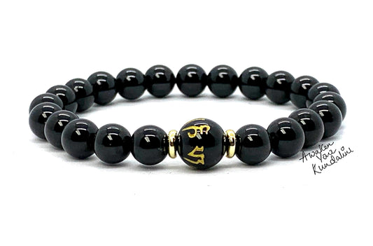 Black Obsidian Buddhist Prayer Beads Stretch Bracelet - Om Mani Padme Hum Mantra - Scorpio Zodiac Birthstone for October November - Root Chakra Association