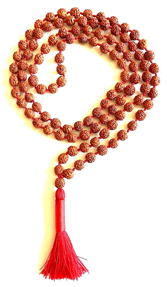 Hand-Knotted 5 Mukhi Rudraksha Mala Necklace (8mm) - Universal Birthstone, Chakra Balance & Harmony
