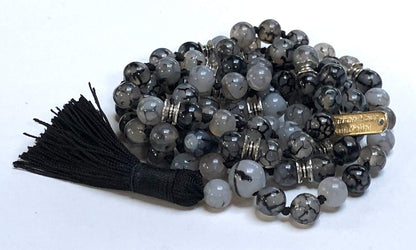 Certified Energized Mala Beads Necklace with COA - Chakra Mala - Japa Mala - 8mm 108 Buddhist Prayer Beads - Meditation Mala - Tassel Necklace – Zodiac/Sun Sign stones (Dragon Vein Agate)