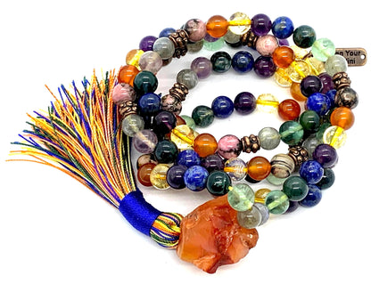 Handmade Protective Aura Mala Beads Necklace – 8mm 108 Beads | Solar Plexus, Third Eye & Heart Chakras | Universal Birthstone Energy | Ethically Sourced