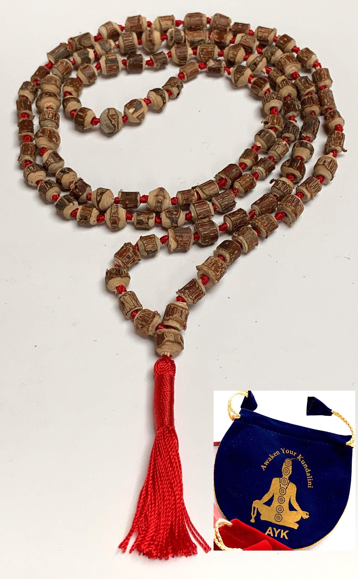 Tulsi mala beads necklace - Energized hand knotted Holy Basil 108 beads w/Velvet Pouch - PURE RAW CUT ROUGH Prayer beads - chanting mantra Meditation - Red Blue Green Orange String (RED)
