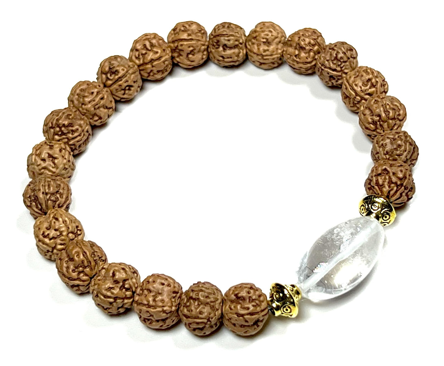 5 Mukhi Pathri Chikna Rudraksha and Himalayan Ice Crystal Quartz Stretch Bracelet – December Birthstone, Sagittarius Astrological Sign, Crown Chakra