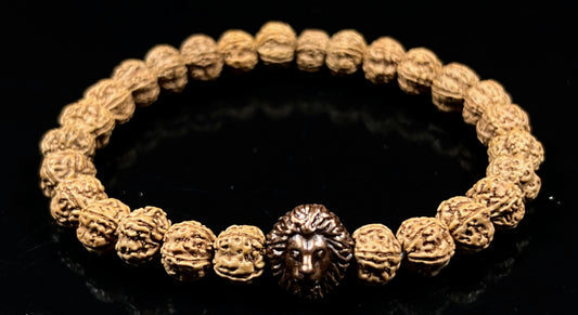 Unleash Inner Strength & Grounding: Handmade 5 Mukhi Rudraksha & Bronze Polished Lion Head Bracelet (8mm) - Root Chakra & Universal Birthstone