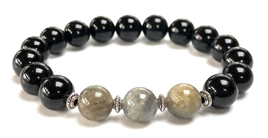 Black Tourmaline & Labradorite Stretch Bracelet – Birthstone for October, Sun Sign Scorpio & Libra, Root & Third Eye Chakra