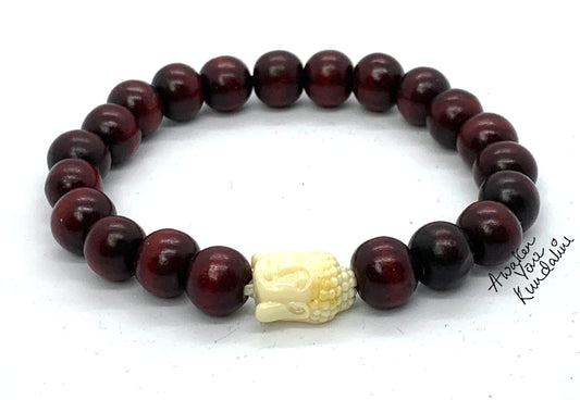 Rosewood Beads Stretch Bracelet with White Buddha | ARANYA Collection