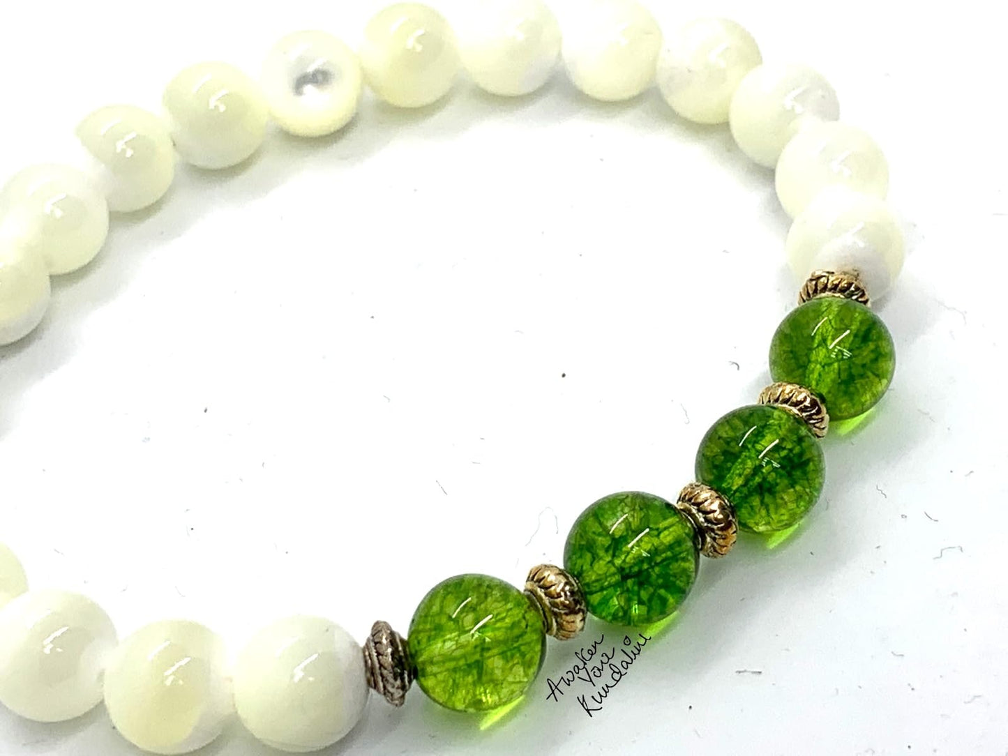 Peridot and Mother of Pearl Stretch Bracelet - August Birthstone for Leo and Virgo - Heart Chakra Jewelry