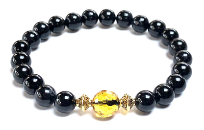 Black Tourmaline and Citrine Stretch Bracelet - November Birthstone for Scorpio & Sagittarius - Solar Plexus Chakra, Zodiac Energy Jewelry