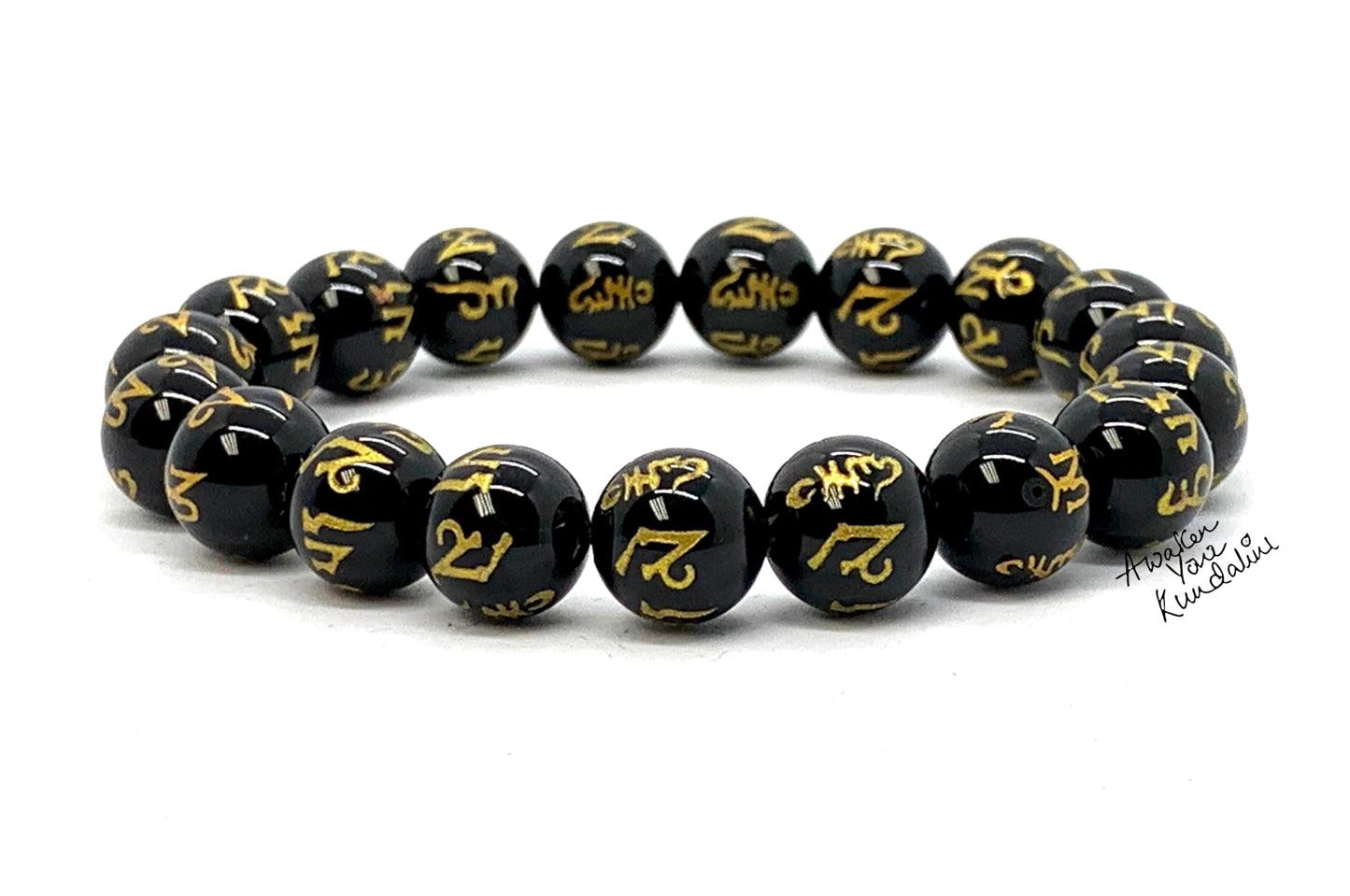 Black Obsidian Buddhist Prayer Beads Stretch Bracelet - Om Mani Padme Hum Mantra Etched Beads - Scorpio Birthstones for October-November - Root Chakra