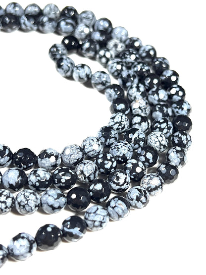Snowflake Obsidian Mala Beads Necklace, Facetted 8mm 108 Mala Beads, Capricorn and Virgo Birthstone Crystal Gemstones