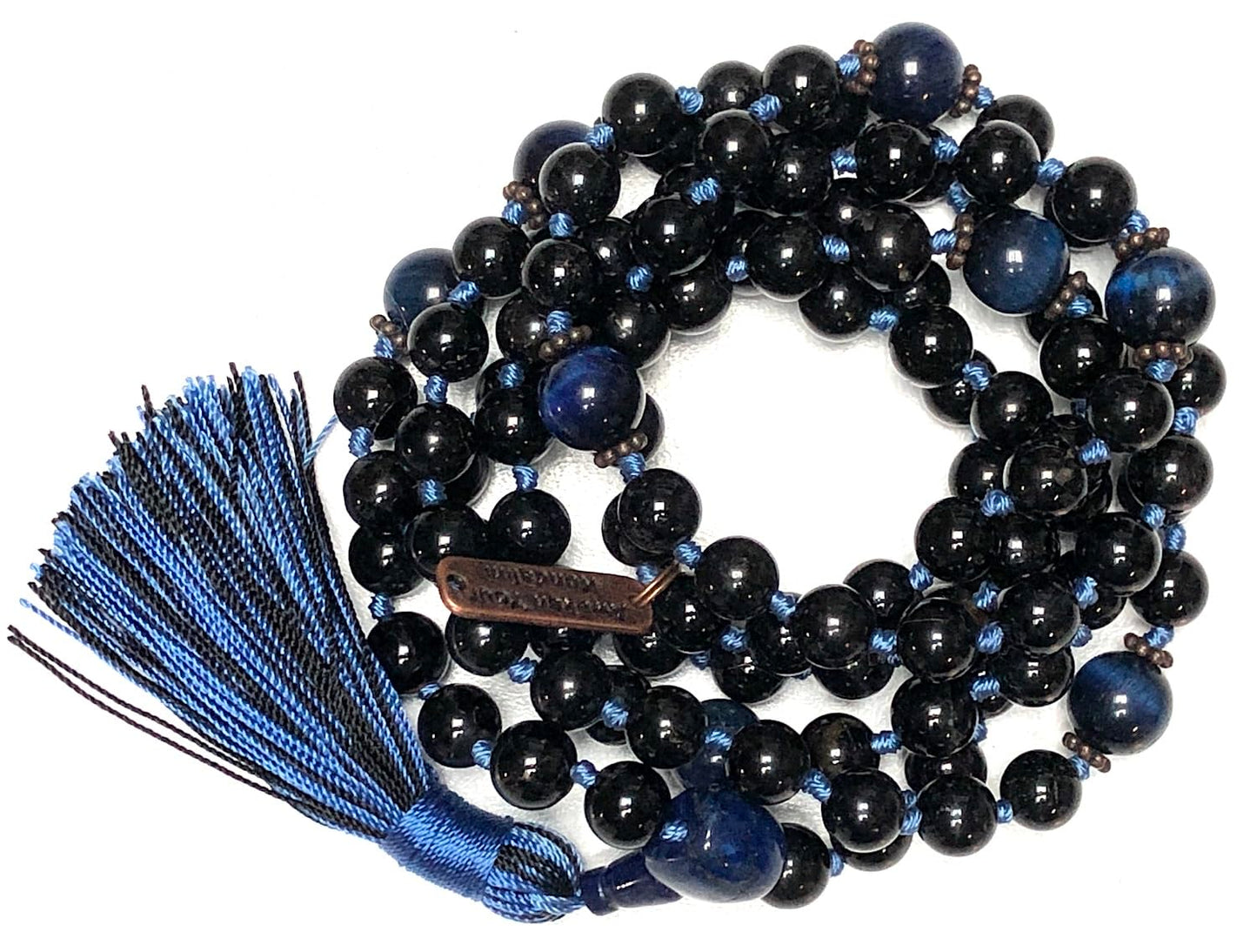 VESTA Black Tourmaline & Blue Tiger’s Eye Mala Necklace | 108 Beads for Grounding, Protection & Clear Communication | Root & Throat Chakra | Capricorn & Sagittarius Birthstone | Handmade in USA