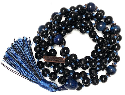 VESTA Black Tourmaline & Blue Tiger’s Eye Mala Necklace | 108 Beads for Grounding, Protection & Clear Communication | Root & Throat Chakra | Capricorn & Sagittarius Birthstone | Handmade in USA